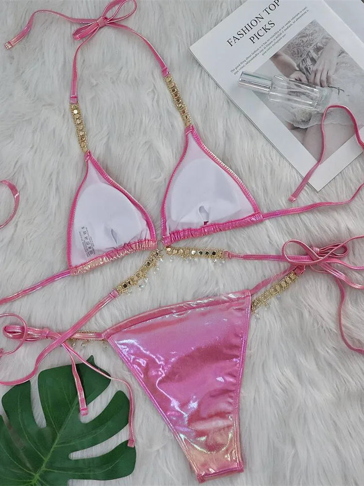 Sexy Pink Brozing Bikini Set Women Luxury Rhinestone Criss Cross Bandage Micro Swimsuit Bathing Suit Diamond Thong Swimwear