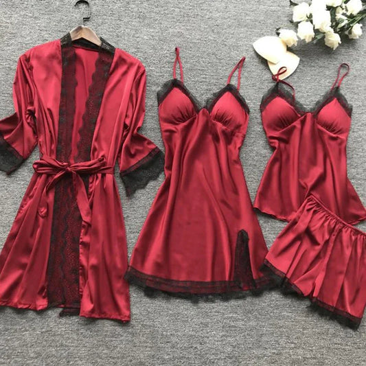 NEW 4PCS Set S-3XL Plus Size 6 Colors Chubby Women's Sexy Lace Pajamas Fashion V-Neck Satin Gown Comfort Pajamas with Chest Pads Nightdress Ladies Luxury Sleepwear Suit