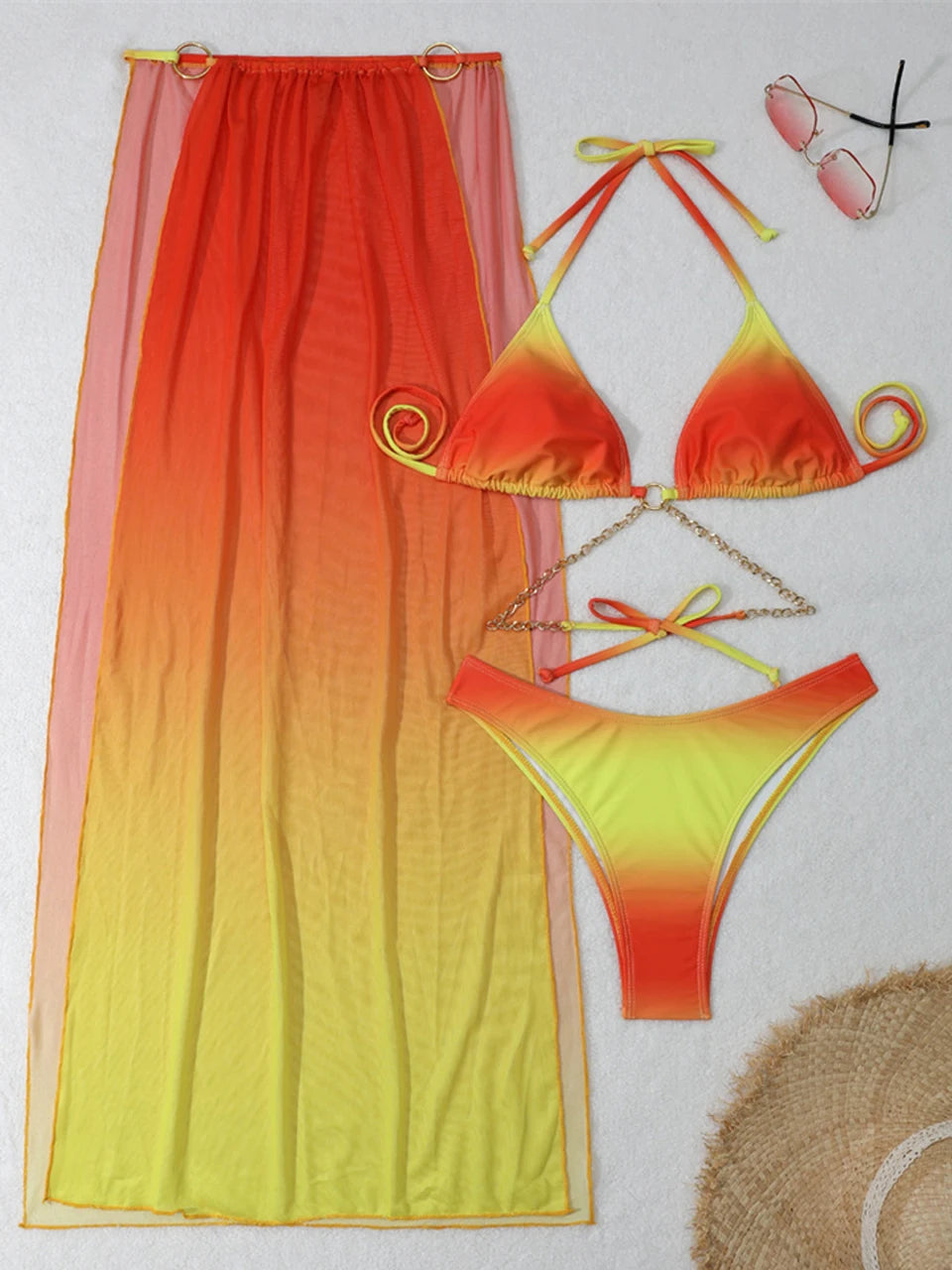 NEW Arrivals 3PCS Set 3 Colors Backless Bikinis & Long Beach Skirt Swimwear New Women Ring Link Swimsuit Lady Bathing Swimming Summer Girls Ladies Sexy Beachwear Suit