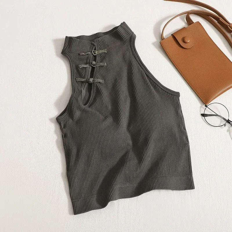 NEW Arrivals Vintage Hault Tanks Camis For Women Sleeveless Almighty Casual Button Femme Croset Crop Tops With Built in Bras Woman Camisoles