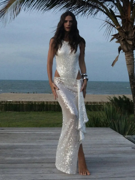 NEW Arrivals 2PCS Set UK Size Luxury Glitter Elegant Sequined Ribbon Skirts  Women Holidays Party Suits Sexy Bodysuit and Slit Long Skirts Ladies Evening Beach Party Night Club Dress Sets