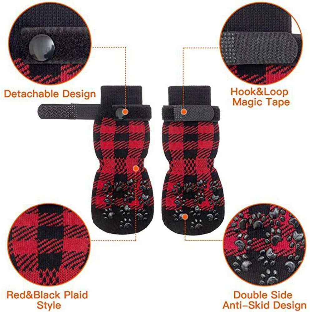 4Pcs Winter Warm Dog Socks Adjustable Anti Slip Skid Pet Shoes Socks Soft Breathable Paw Protector for Small Puppy Cat Dogs