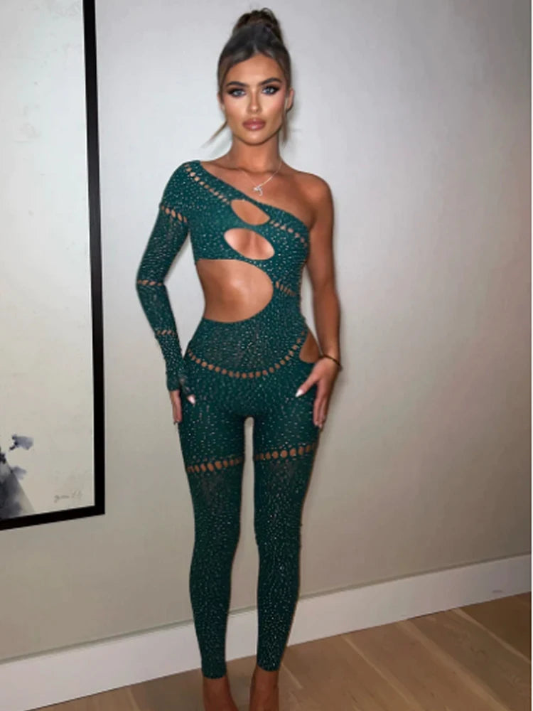 8 Colors Sexy Shine Rhinestones Jumpsuits Women Irregular Hollow Skew Collar Single Sleeve Hottie Sexy Coquettish Clubwear Overalls