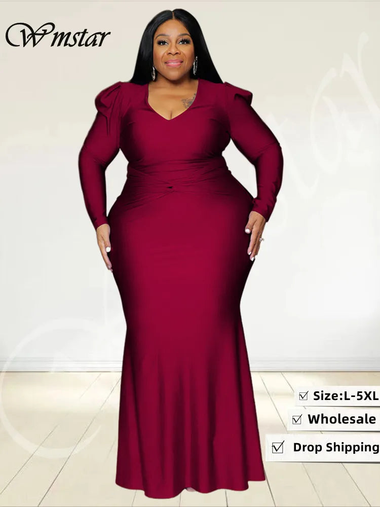 L-5XL Plus Size Black/Red/Blue/Green Evening Party Luxury Dresses Curvy BBW Women V-Neck Long Sleeve Full Length Bodycon Elegant Evening Maxi Dress