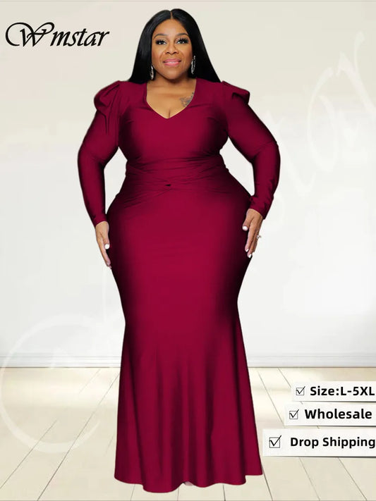 L-5XL Plus Size Black/Red/Blue/Green Evening Party Luxury Dresses Curvy BBW Women V-Neck Long Sleeve Full Length Bodycon Elegant Evening Maxi Dress