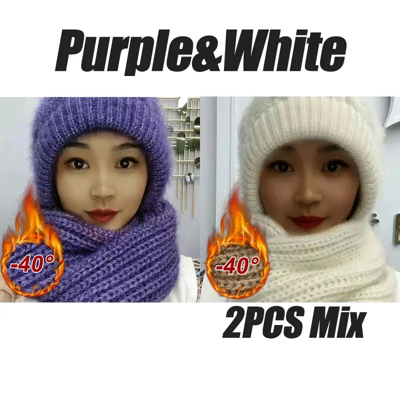 NEW 2 PCS Set 5 Colors Fleece Lined Cycling Beanie Scarf Set Women Thermal Windproof Knit Cap Snow Hood Winter Cold Weather Warm Set Outdoor Skiing Travel Hiking