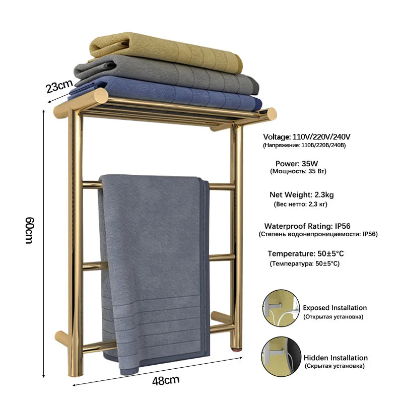 Brushed Gold/Chrome Electric Heated Towel Rail.Thermostatic Towel Dryer.304 Stainless Steel Towel Radiator.Hidden/Exposed Cable.