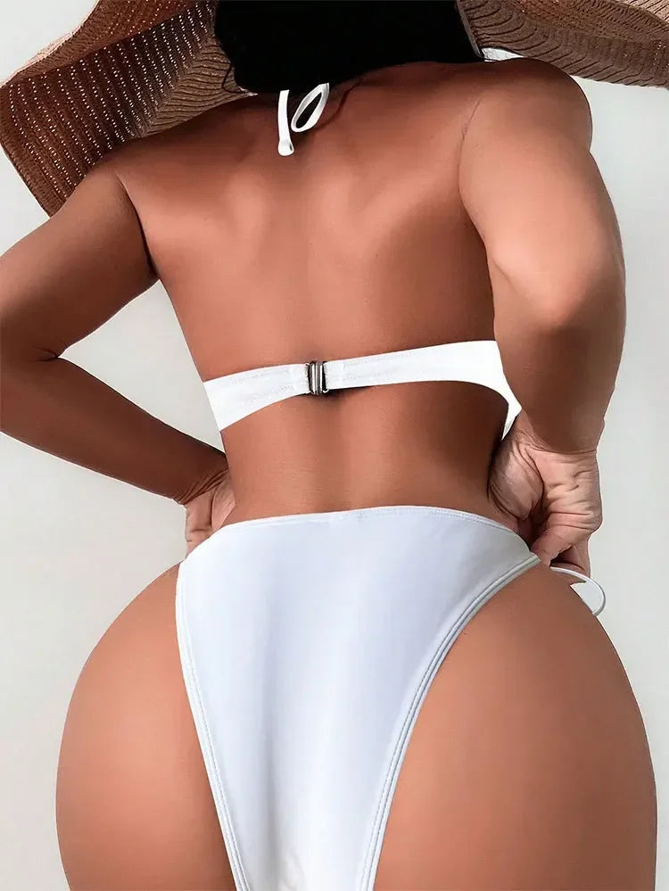 New Sexy White Bikini Women Pearls Swimwear Black Push Up Bathing Suit Swimsuit Female Solid Underwired Bra Cup Bikini Set