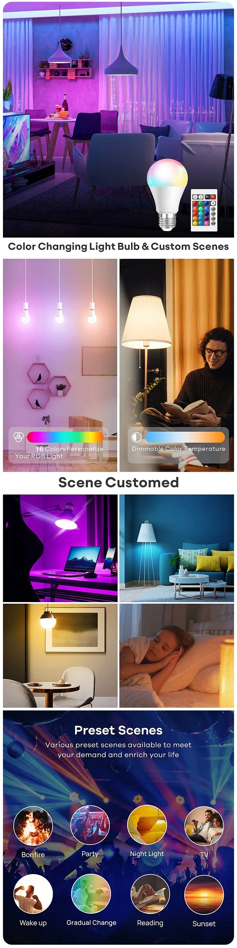 NEW Arrivals 16 Colors RGB Bulb LED Multicolor Bulb E27 220V Household Lighting Dimmable 24 Key Remote Control Smart Lamp Romantic Atmosphere Bedroom Living Room Light