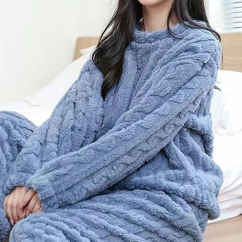 NEW Gray-Purple Winter Autumn Women Solid Warm 2 Piece Sets Thicken Velvet Ribbed Fleece Set Pullover And Pants Women Casual Pajama Sets Girls Female Nightgowns Sleepwear Set Fashion Clothing Supplies