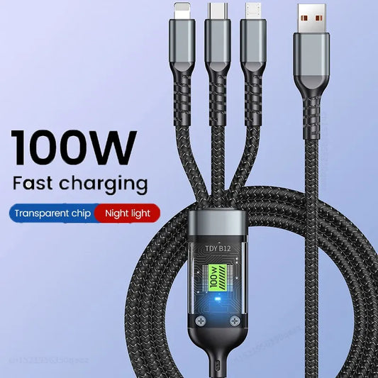 3 In 1 100w Transparent Fast Charging Cable Type C USB Micro For iPhone Samsung Huawei Xiaomi Pilot Lamp Charger USB C 6A