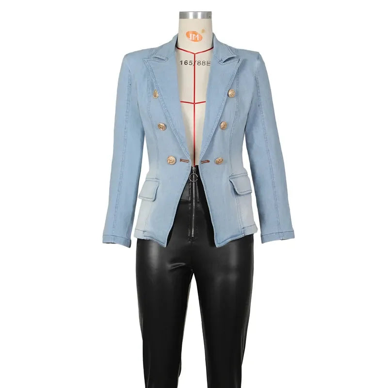 High Quality Women New Fashion Slim Casual Denim Coat Jackets Streetwear Full Sleeve Double Breasted Sexy Blue Jean Jacket