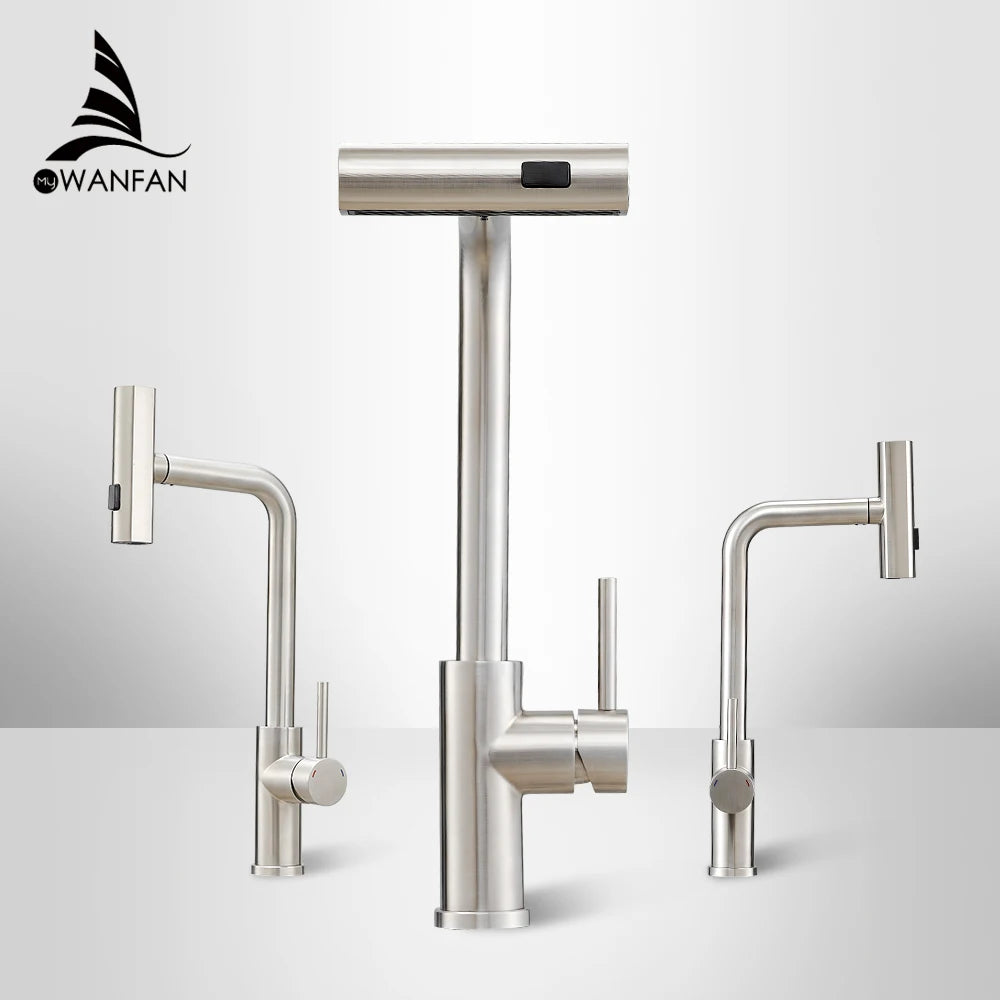 Nickel 304 Stainless Steel Pull-out Kitchen Faucet Waterfall Hot And Cold Mixed Water Sink Tap Multi-function Rinse Rotate 3668