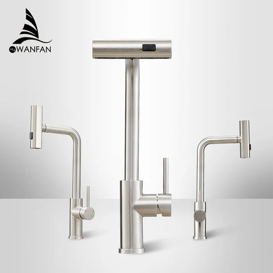 Nickel 304 Stainless Steel Pull-out Kitchen Faucet Waterfall Hot And Cold Mixed Water Sink Tap Multi-function Rinse Rotate 3668