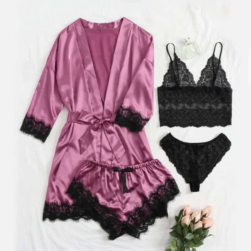 Black Sexy Women's Pajamas Satin 4-piece Lace Silk Suspender Tops Shorts Robe Pajamas Set Nightgown Underwear Nightdress Suit