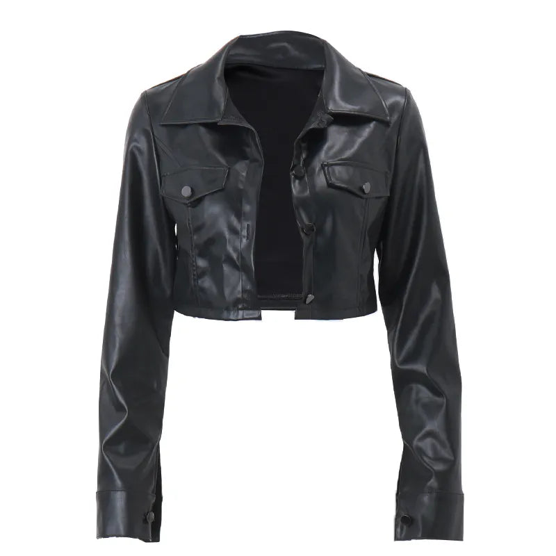 Autumn Faux Leather Short Jacket Turn-down Collar Fashion Botton Decoration Coat Grunge Street Casual Coats