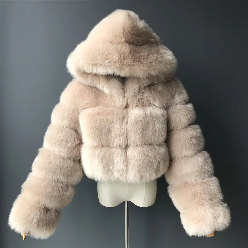 NEW Arrivals S-3XL Coffee/Dark Gray/Black Fashion Women Environmental Red Faux Fox Fur Coat with Hood Thick Warm Full Pelt Fake Fur Jacket Short Winter Woman Fur Coat Ladies Girls Luxury Fashion Clothing Supplies