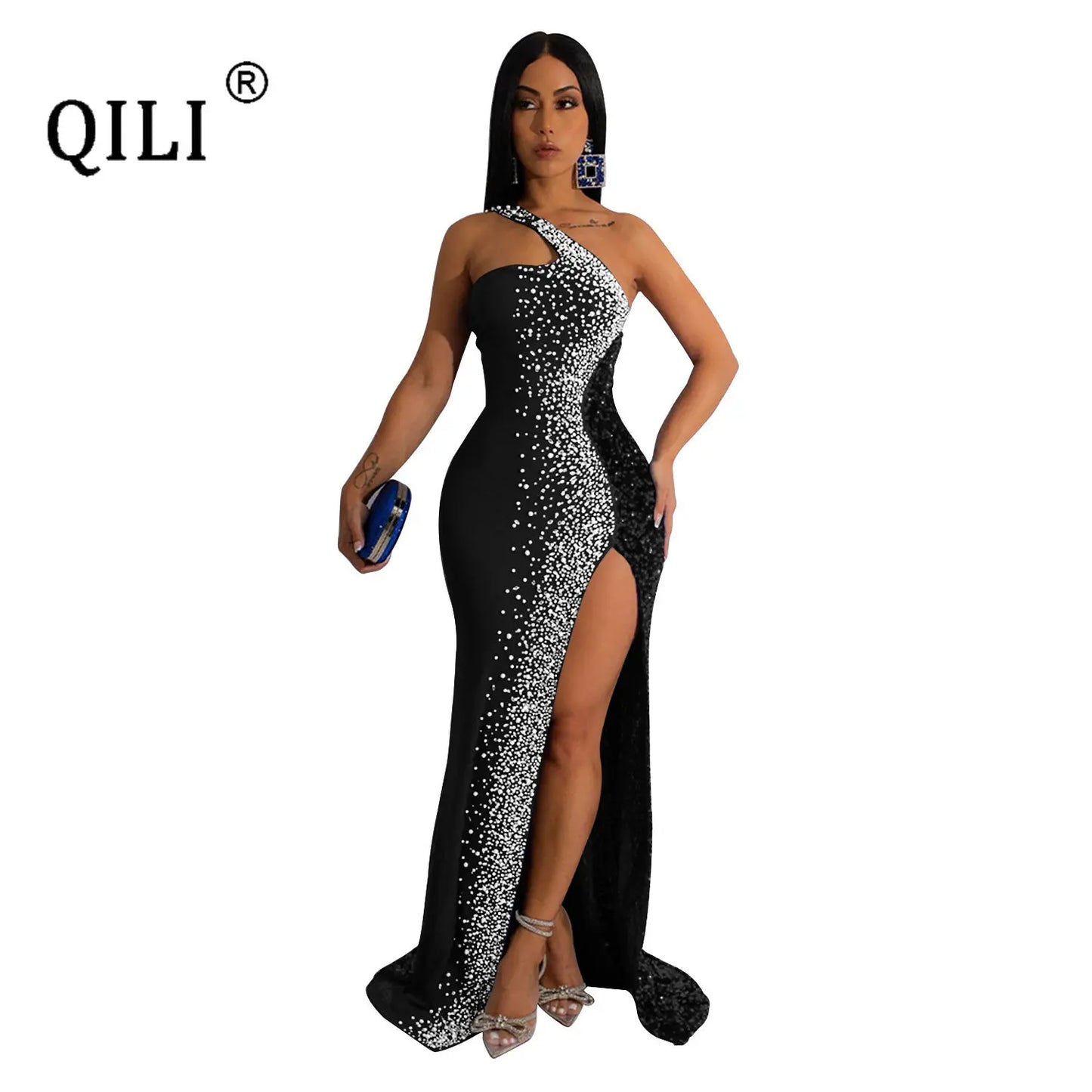 One Shoulder Rhinestone and Sequins Sexy High Split Long Dress Elegant Party Dresses for Women  Robe Blue Black Red
