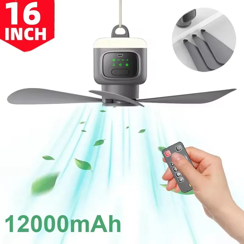 12000mAh Remote Control Save Energy Large Size Whirlwind Ceiling Fan USB Wireless Cooling Powerful Fan Portable LED Night Light Outdoor Camping Indoor Bedroom Living Room Fan Ceiling Fan