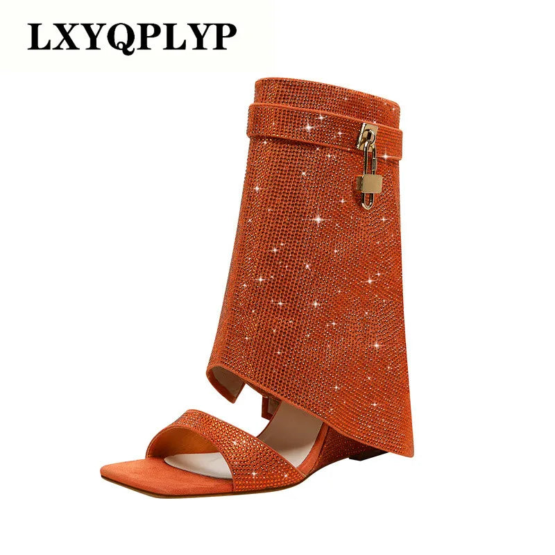 NEW Arrivals 3 Colors Women's Spring and Summer New Fashion Sexy Rhinestone Wedge Heel Middle Sleeve Cool Boots Occidental Banquet Show Shoes