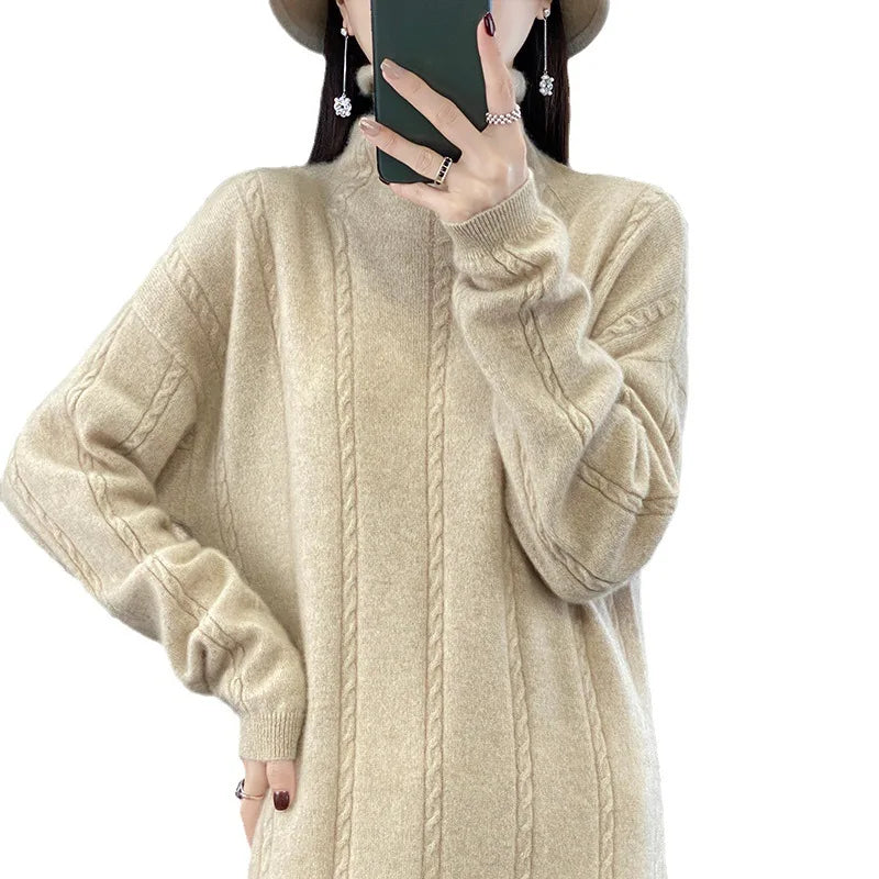 4 Colors 100% Pure Cashmere Dress High Collar Women's Winter Warm New Style Slimming Fashionable Versatile Loose Wool Long Dress