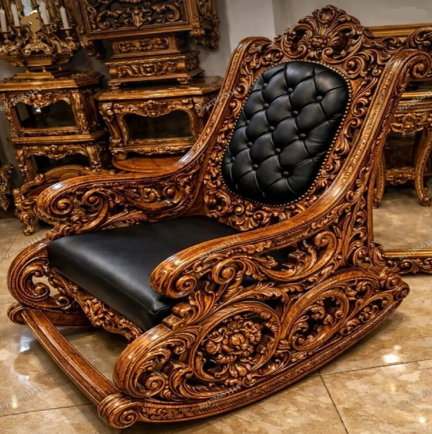 Home Villa Living Room Royal Luxury Ornate Wooden Rocking Chair with Elaborate Hand-Carved Details and Black Leather Upholstery Luxury Furniture Supplies