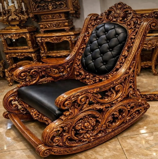 Home Villa Living Room Royal Luxury Ornate Wooden Rocking Chair with Elaborate Hand-Carved Details and Black Leather Upholstery Luxury Furniture Supplies