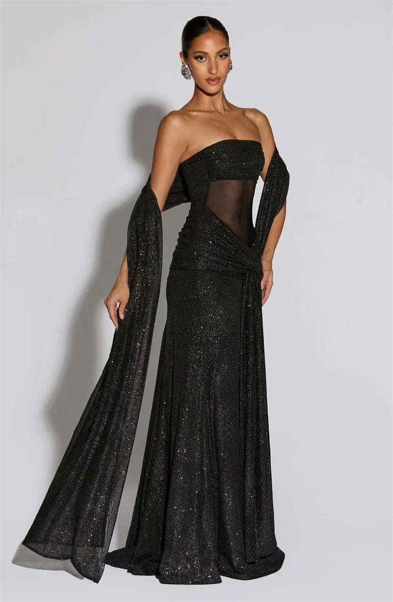 Brown/Black Color Sparkle Strapless Draped Sexy Maxi Dress Women Elegant Off-shoulder Sleeveless Backless Ruched Club Party Long Dress