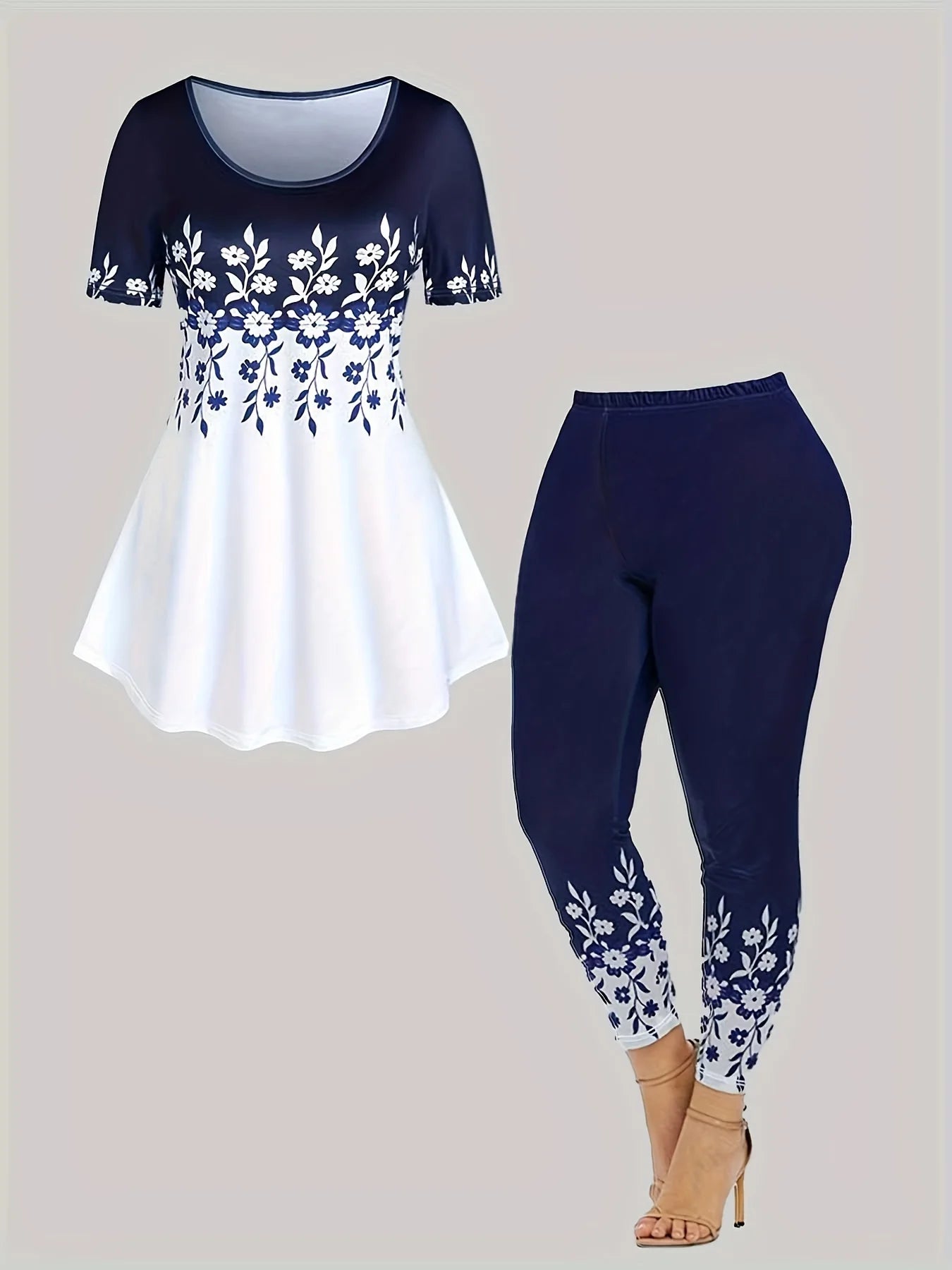 Plus Size Ladies Hit Casual Flower Color Printing Large Size Round-Necked Short-Sleeved T-Shirt Printed Pants Two-Piece Set