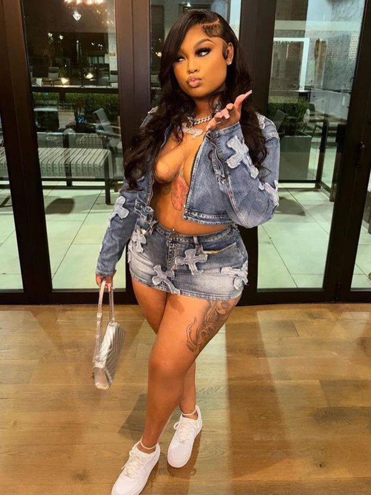 2 Piece Denim Sets Women Outfits Spring Long Sleeve Zipper Jacket and Mini Skirt Set Sweet Sexy Outfits