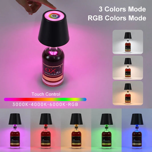 NEW Arrivals USB Rechargeable Wine Bottle LED Mood Lamp 2000mAh Touch Stepless Dimmer RGB 3 Color RGB White Cordless Pub Table Night Light