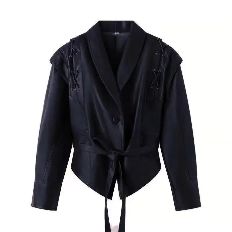 NEW Arrivals UK Size 3 Colors Women High Street Leather Jacket Versatile Brown Long Sleeves V-Neck Lace-Up Jacket Coats Winter Causal Chic Female Outwear