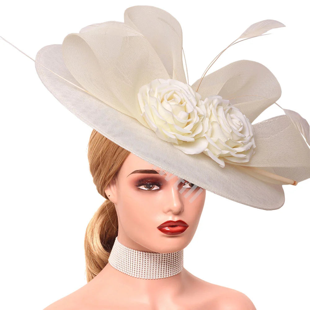 15 Colors Flower Big Royal Ascot Race Ladies Fascinator Luxury Hat Elegant Women Evening Wedding Party Business Dinner Opera Concert Red Carpet Headpiece Bride Wedding Headwear Apparel Accessories