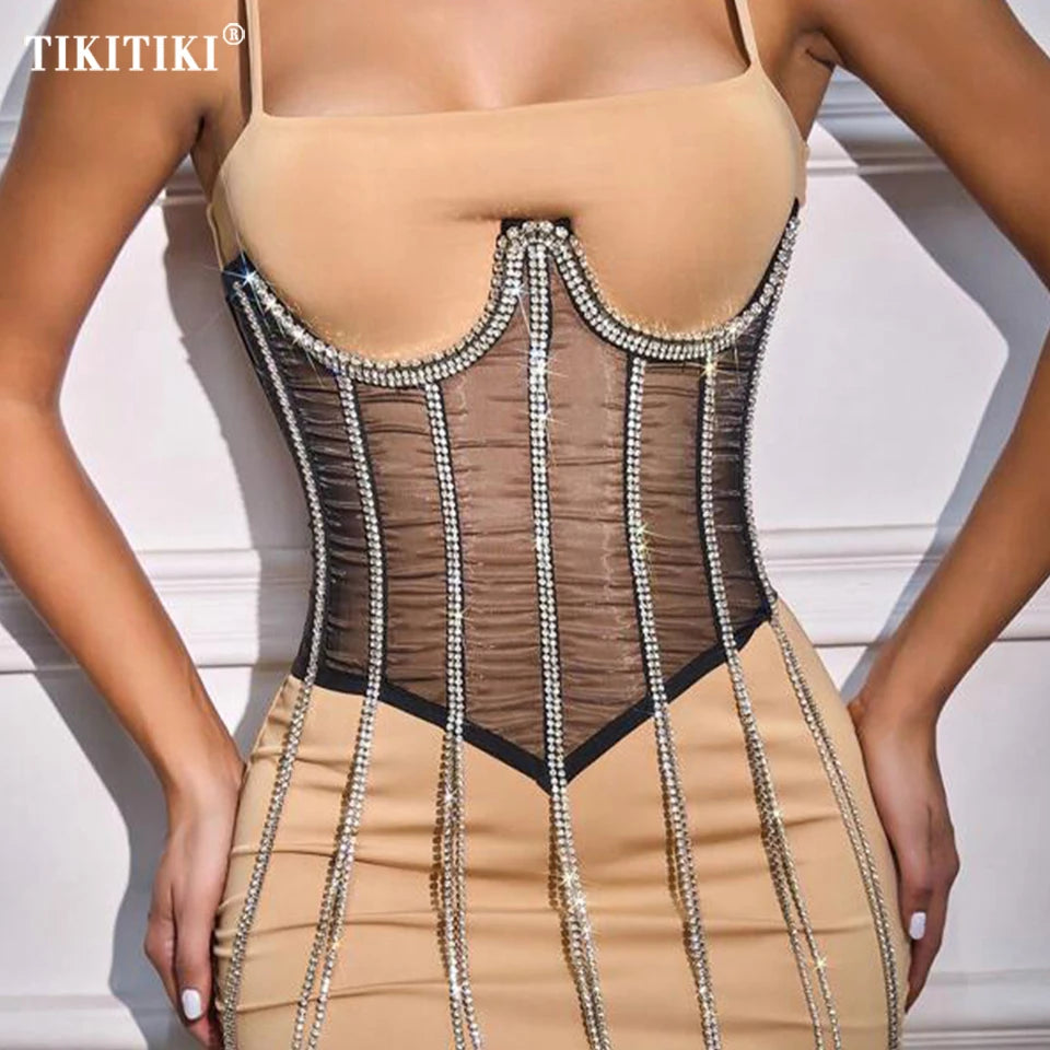 NEW Arrivals Y2K Women Girls Rhinestone Tassel Lace-up Under Bust Corset Women Low Cut Sexy Mesh Bustier Crop Tops Bodices Slimming Body Shaper Female Ladies Underwear Fashion Clothing Products