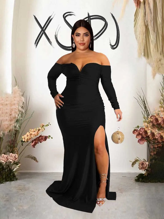NEW Arrivals XL-4XL UK Size Green/Red/Black/Blue Curvy BBW Women Elegant Luxury Off The Shoulder Dress Strapless Long Sleeve Evening Party Wedding Birthday Dress Spring Plus Size Female Side Slit Dress