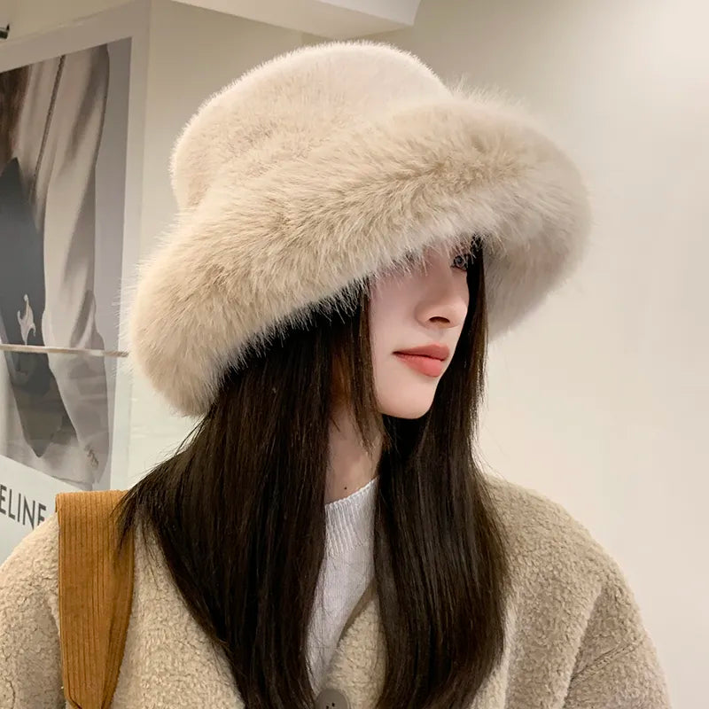 Big Faux Fur Fluffy Bucket Hat for Women Luxury Plush Winter Hat Thicken Snow Oversized Fur Bucket Hat Soft Big Panama Cap