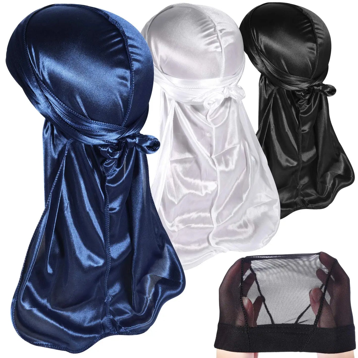3 PCS Ice Silk Set Women Men Silky Durag Headwraps Durag With Free Waves Cap Durags Pack with Long Tail and Wide Straps Bandanas