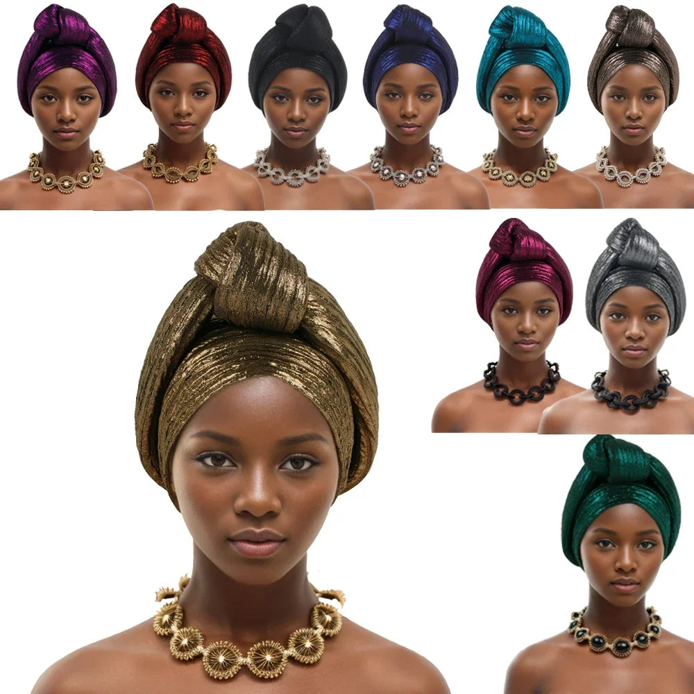 Glitter Fabric African Auto Gele Headtie Nigeria Party Headwear Turbante Mujer Knoted Turban Cap Women's Head Wraps