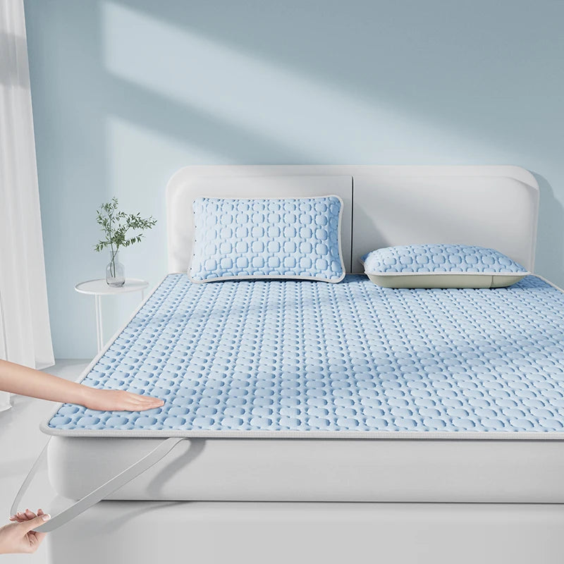 3 PCS Set New Summer Cooling Thicken Natural Latex Filling Summer Mat for Bed Cooling Feel Mattress Cover Bed Pad Pillowcase Ice Silk Bedsheet Set Home Bedding Supplies