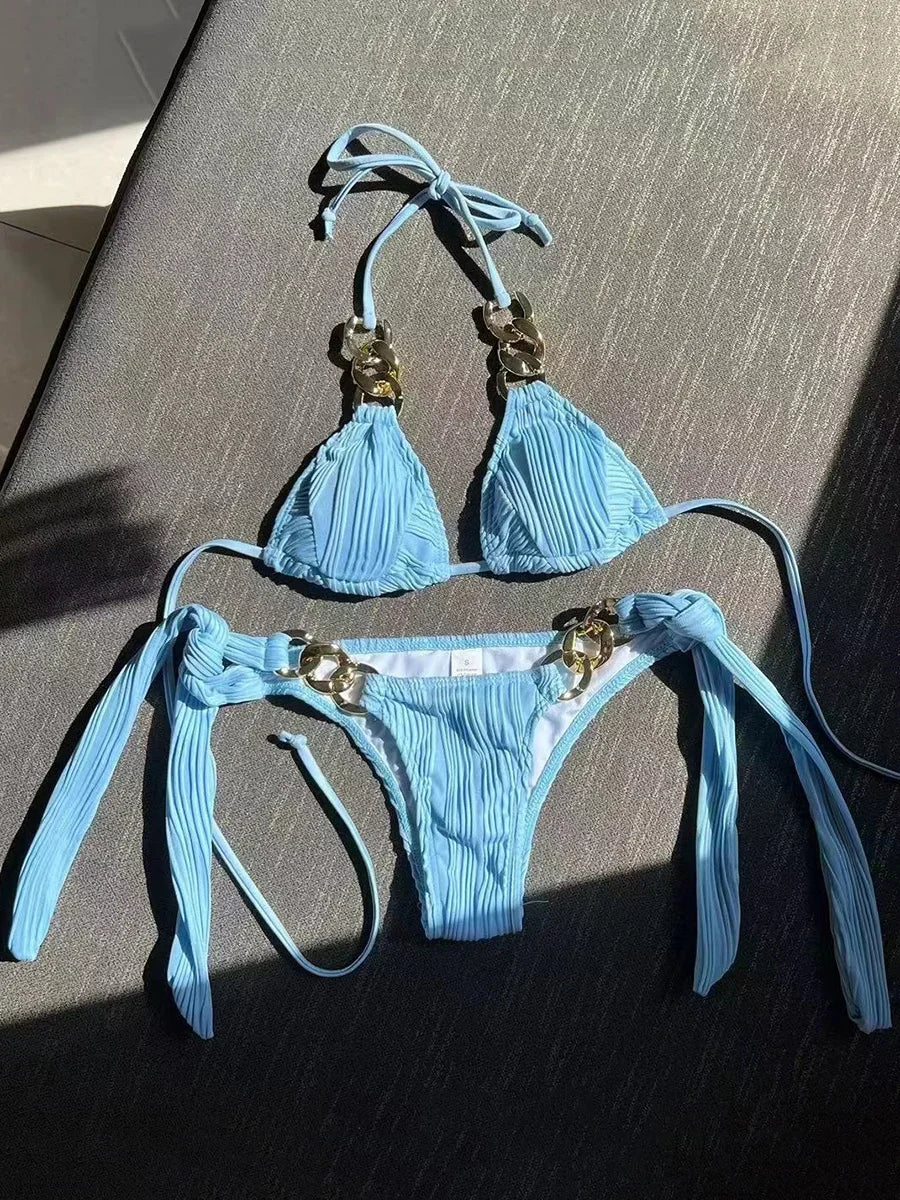 NEW 8 Colors Sexy Halter Metal Rings Bikinis Wrinkled Bikini Female Swimsuit Women Swimwear 2PCS Bikini Set High Cut Bathing Suit Swim Ladies Sexy Swimwear Bikini Set