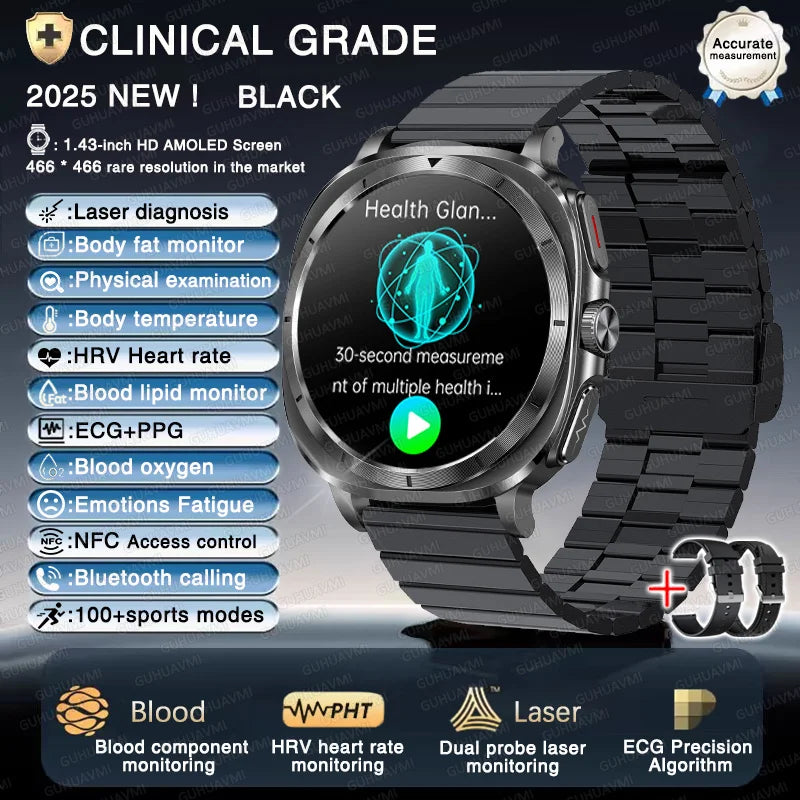 New Laser Therapy ECG Blood Pressure Smart Watch Uric Acid Blood Lipid Organ monitor Clock NFC BT Call Health Watches Men Health Care Supplies