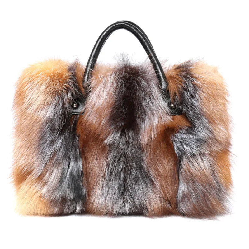 Super Luxurious Real Fox Mink Fur Handbags Winter Women Leather Bag Fashion Shoulder Bags Real Silver Fox Fur Messenger Bags Female Evening Party Bag Outdoor Travel Bags Ladies Luxury Winter Fashion Clothing Accessories Produ