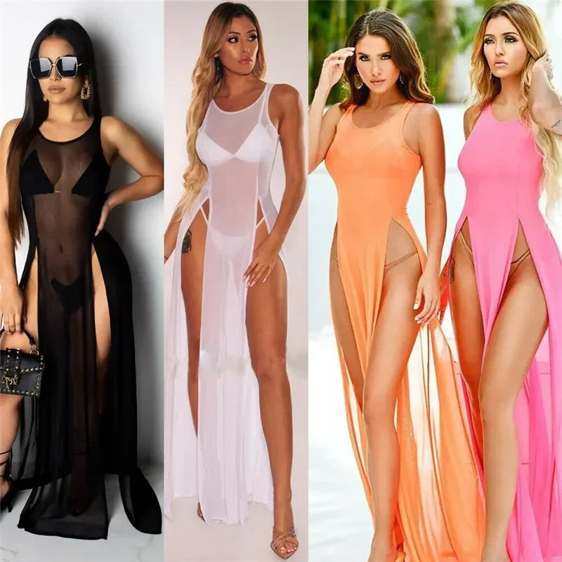 NEW S-XL UK Size  4 Colors Summer Sexy Mesh Sheer Long Dress for Women Bikini Cover Up Beach Sundress Solid See-through Sleeveless Strap Beach Dress