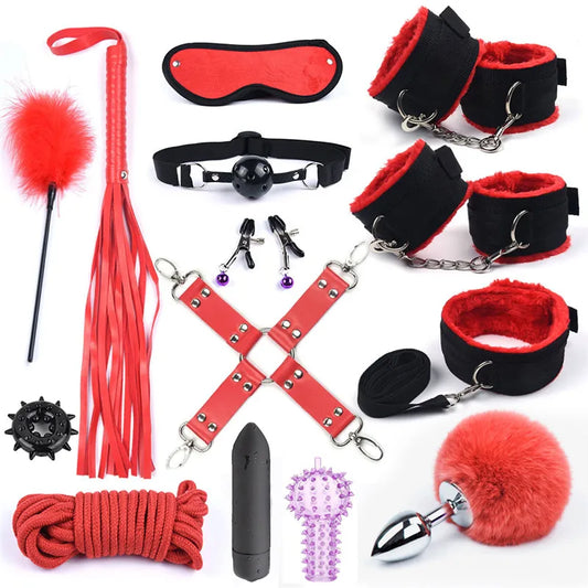 14 PCS Set Erotic Sex Toys For Women Adults Games Bondage BDSM Kits Handcuffs Sex Whip Mouth Gag Rabbit Tail Anal Plug Adults Sex Party Supplies