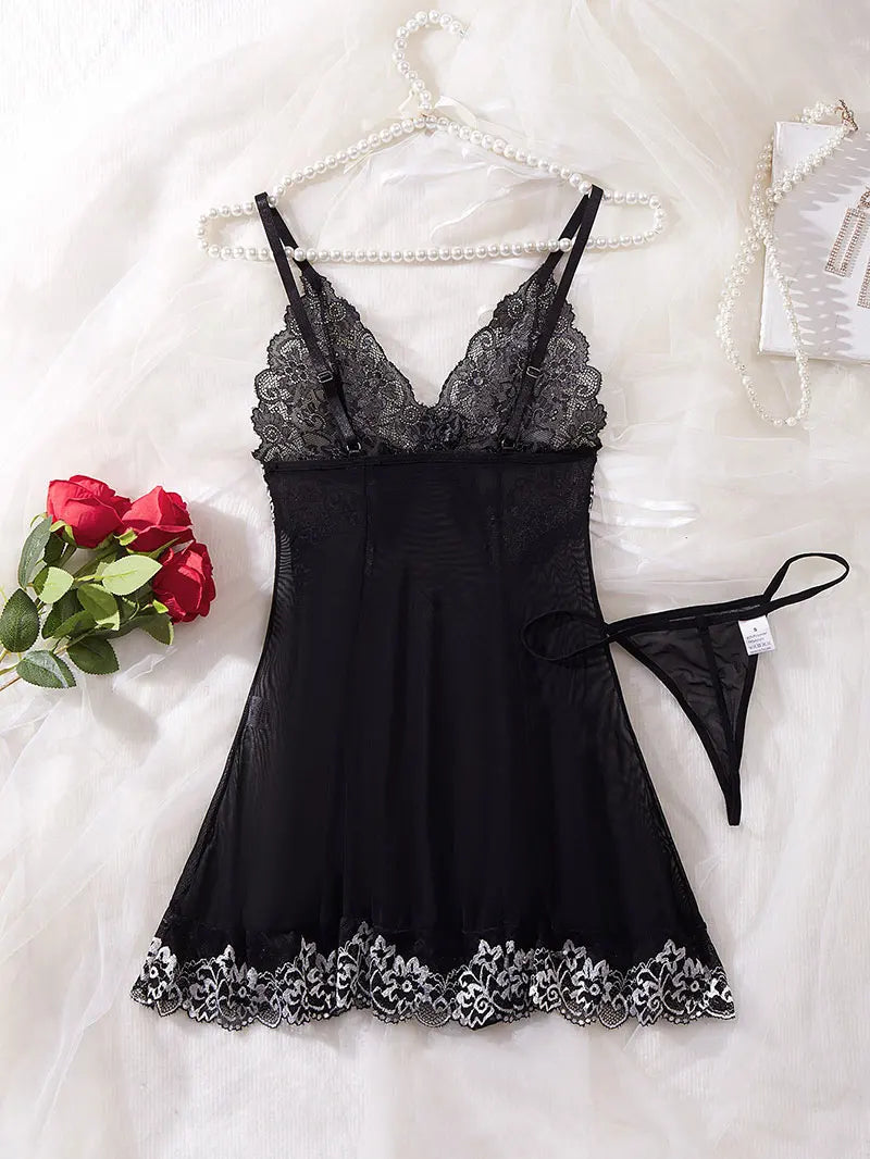 2 PCS Set S-2XL Plus Size Nightdress + Panty Pajamas Sets Women Underwear Lace See Through Sleepwear Sexy Lingerie Dress Female Sexy Nightwear For Night Party Sets