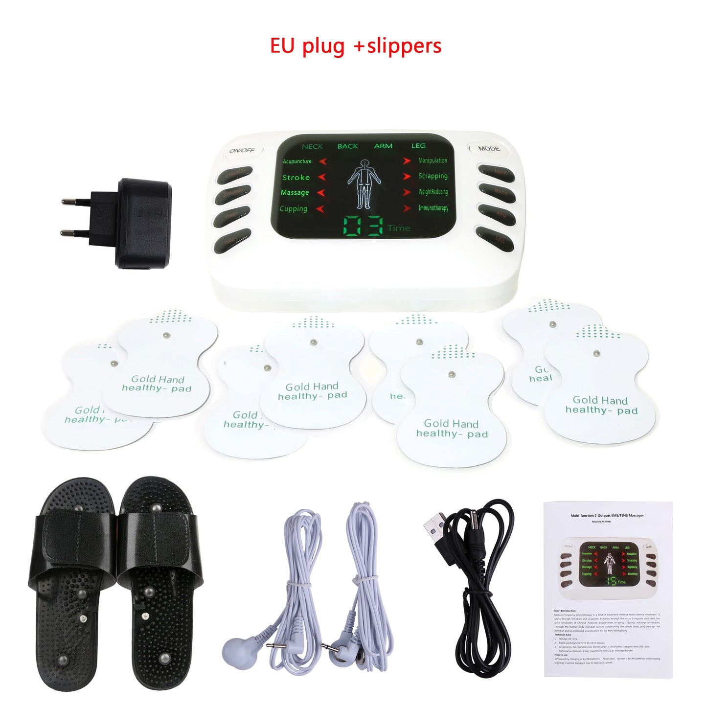Full Set Electrical Muscle Stimulator + Slippers + Socks English Button Therapy Massage TENS Electronic Massager  Physiotherapy TENS Machine Health Care Supplies