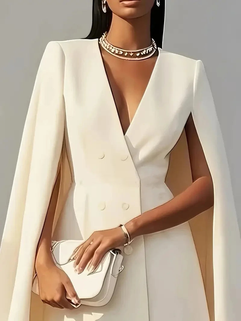 S-2XL UK Size 4 Colors Women Fashion Commuter Solid Luxury Blazers Dress Office Lady Double Breasted Waist Evening Party Dress Elegant V-Neck Shawl Cape Sleeve Formal Midi Dress