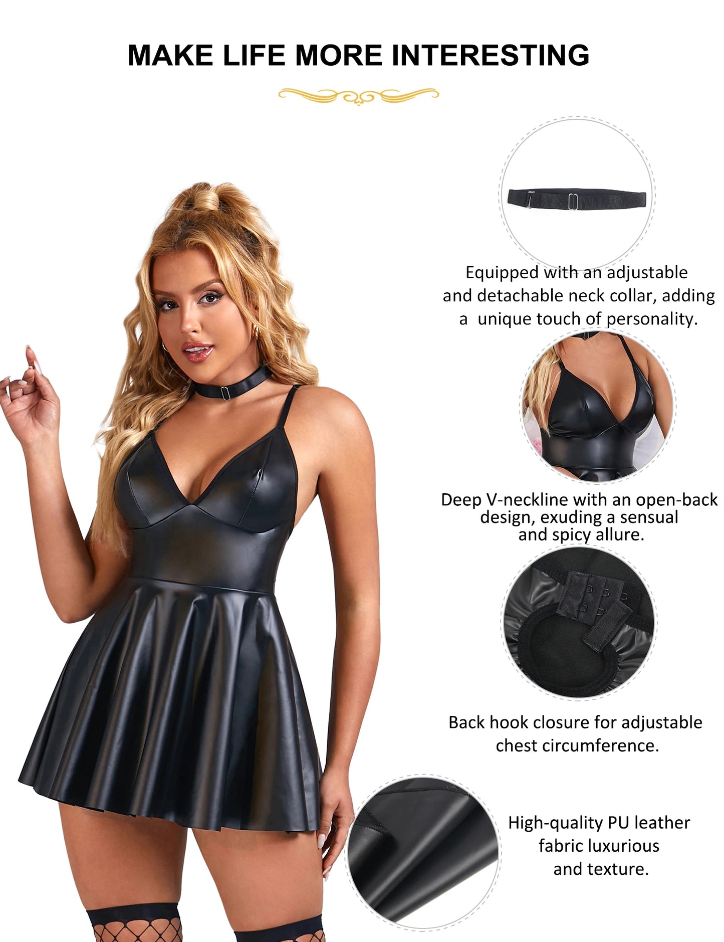 S-3XL UK Plus Size 4 Colors Sexy PU Leather Suspender + Gift Box Curvy Girls Sexy Nightdress Evening Party Night Clubwear Outfit Women Leather Mini Dress