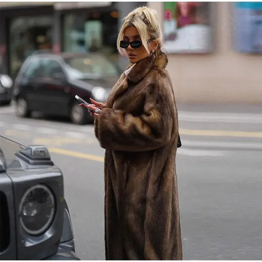 NEW HOT SALE Italian Style Luxury Women Ladies Dark Brown Faux Fur Long Overcoat Snow Clothes Supplies  Lapel Single Breasted Loose Fluffy Plush Warm Coat Winter Thicken Outerwear Female Luxury Fashion Clothing Products