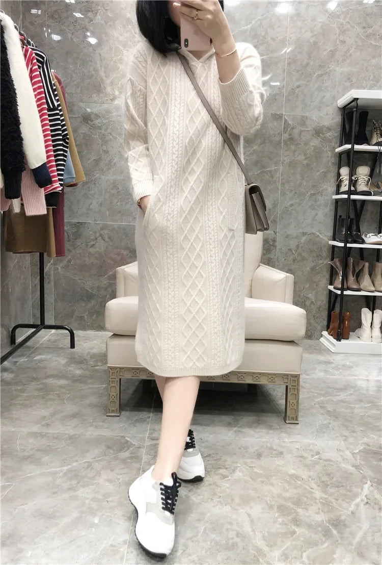 Pure Goat 100% Cashmere S-2XL Size Knee-Length Dress with Hoodie Knitted Bottoming for Autumn And Winter 100% Warm Comfortable Knitwear